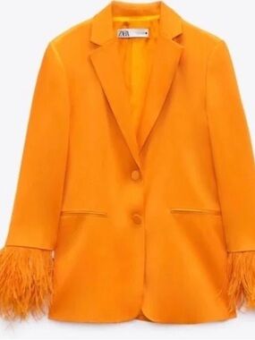 Zara Orange Feather-Cuff Single-Breasted Blazer